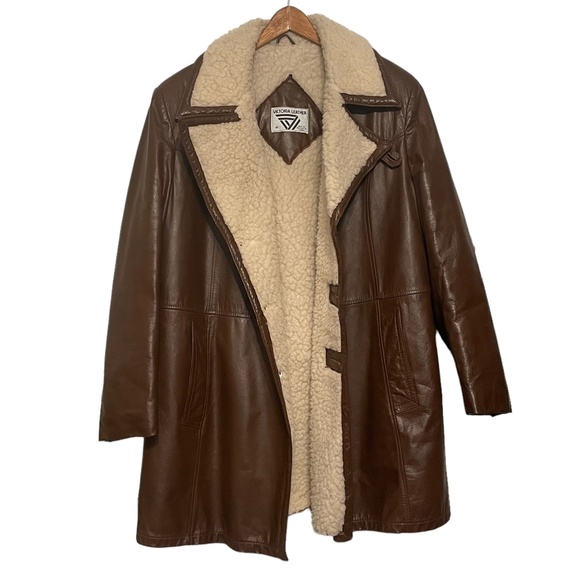 Victoria Leather Vintage 70s 80s Leather Winter Coat Shearling Lined Size 40 (M) - Picture 5 of 14